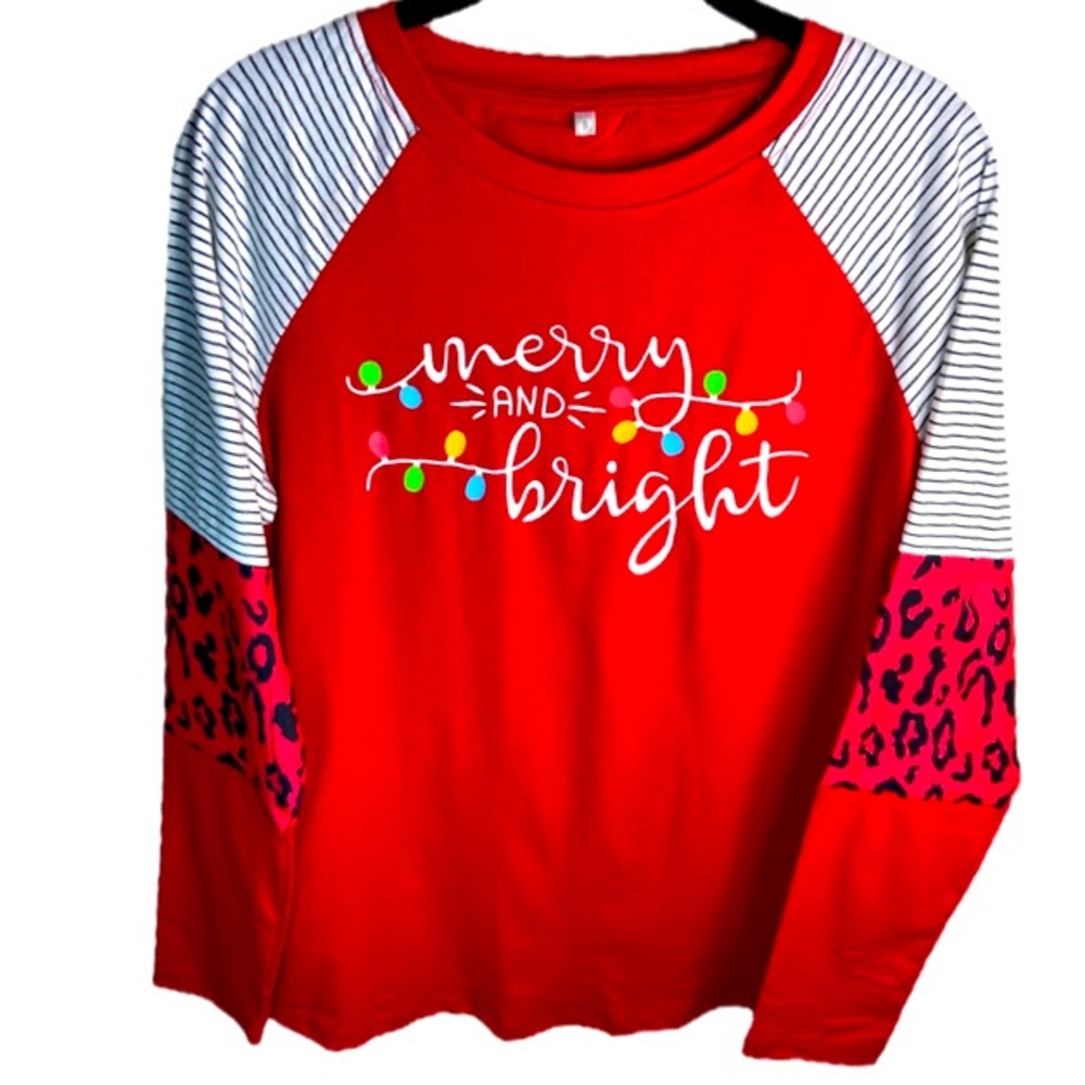 FLOYU Christmas Merry and Bright T-Shirt   Baseball Style Women’s Sz S - Picture 6 of 8